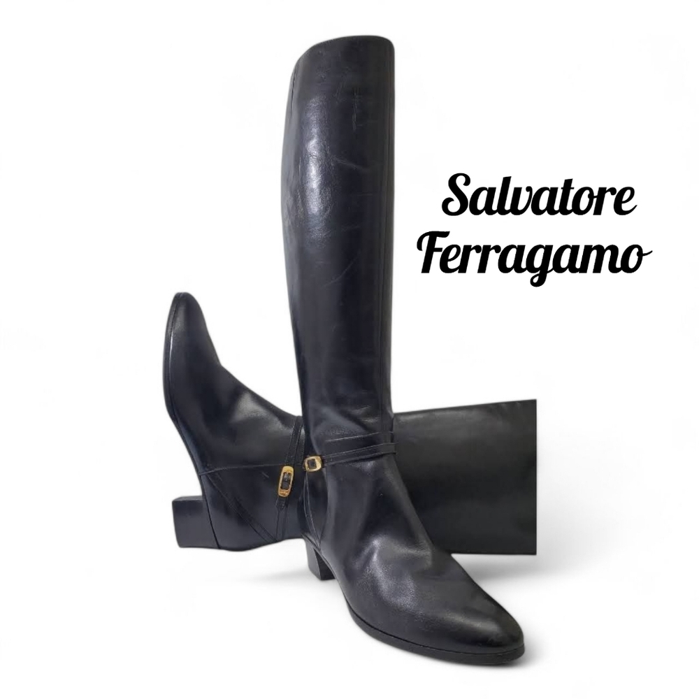 SALVATORE FERRAGAMO Nadera Calf Leather Boots (9.5M) in Black